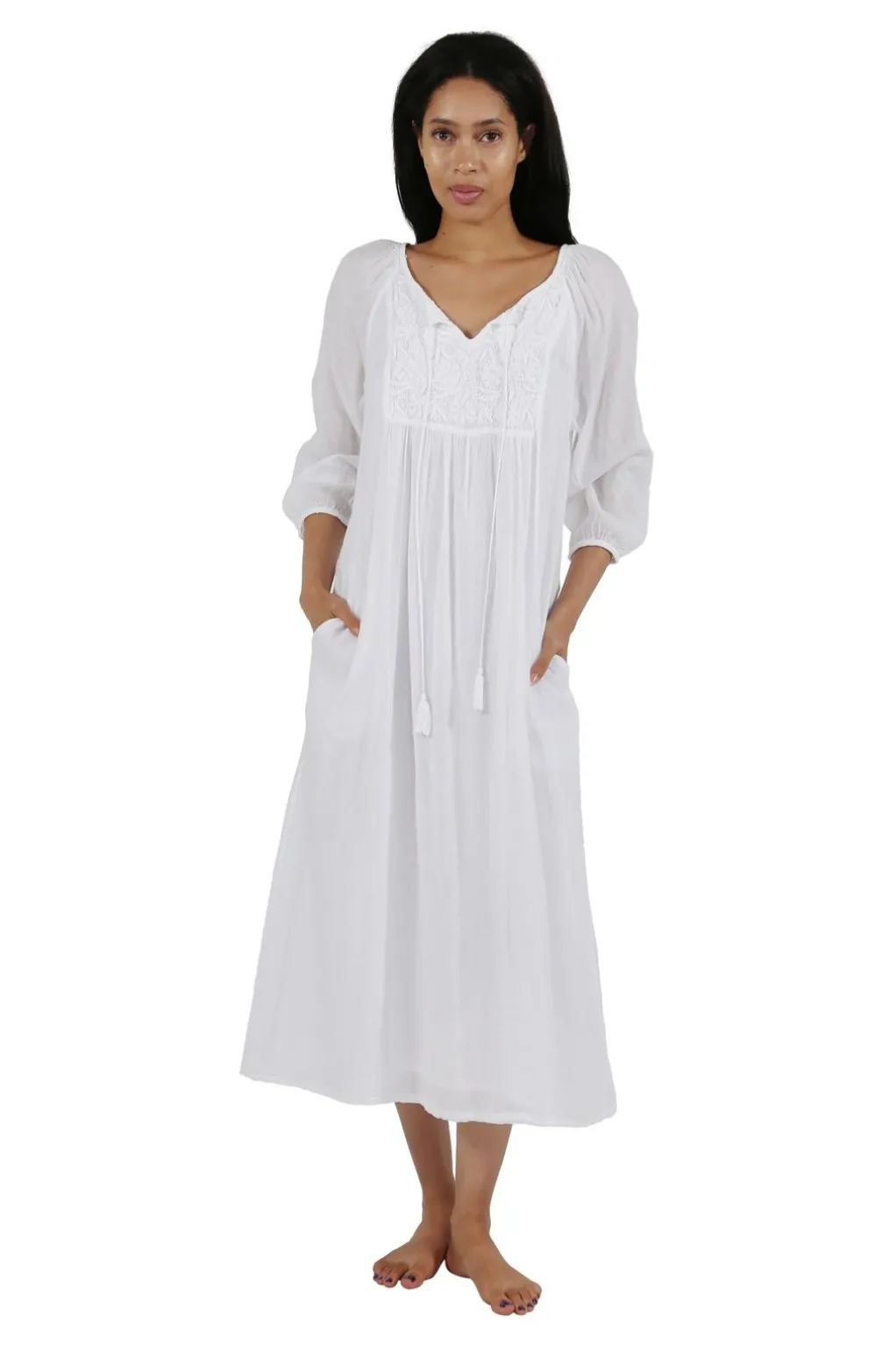 La Cera™ 100% Cotton 3/4 Sleeve Embroidered Gown