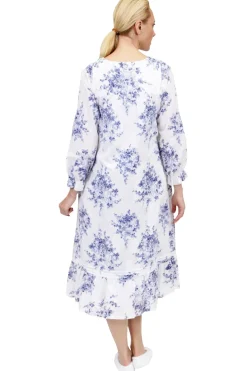 La Cera™ 100% Cotton Lace Trim Flounce Robe Gown- Blue And White Floral Print