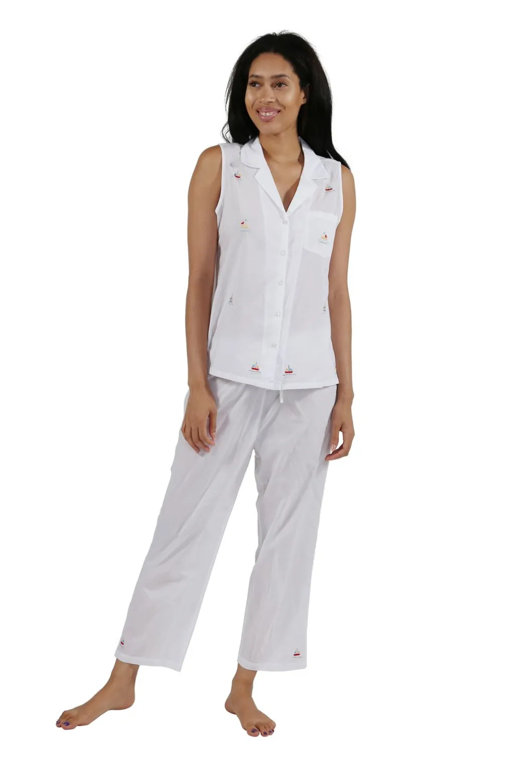 La Cera™ 100% Cotton Sleeveless Embroidered Sailboat Capri Pajama Set
