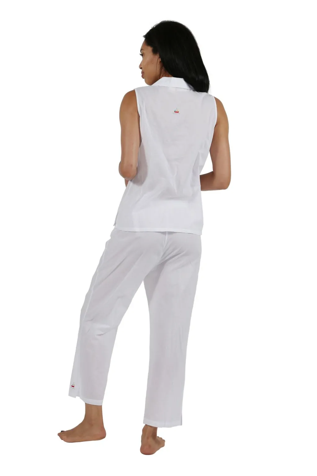 La Cera™ 100% Cotton Sleeveless Embroidered Sailboat Capri Pajama Set