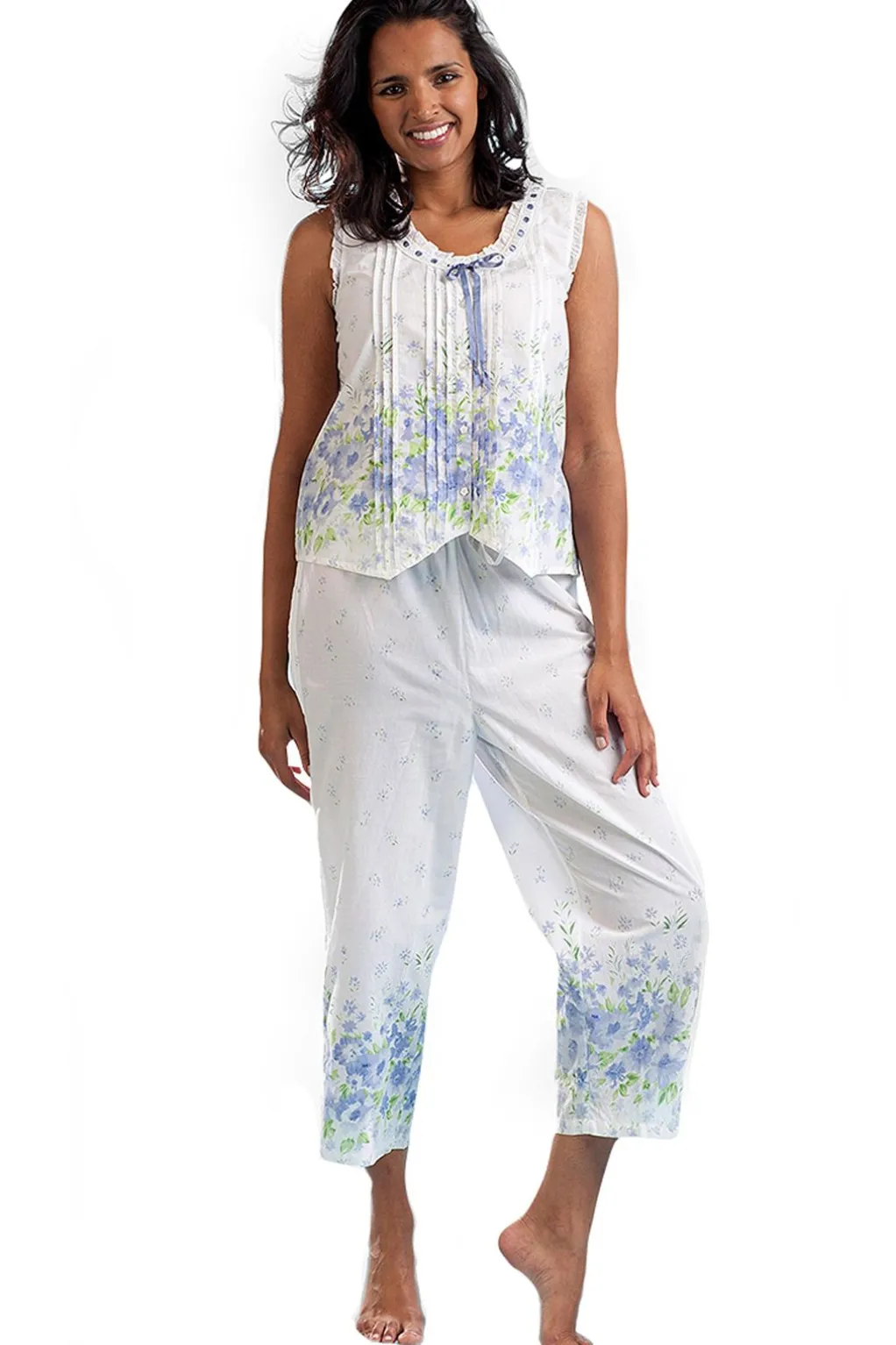 La Cera™ Border Print Sleeveless 100% Cotton Floral Pjs