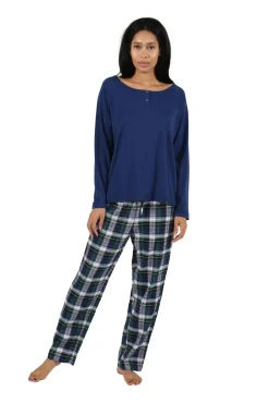 La Cera™ Cotton Knit Top With Flannel Pajama Set
