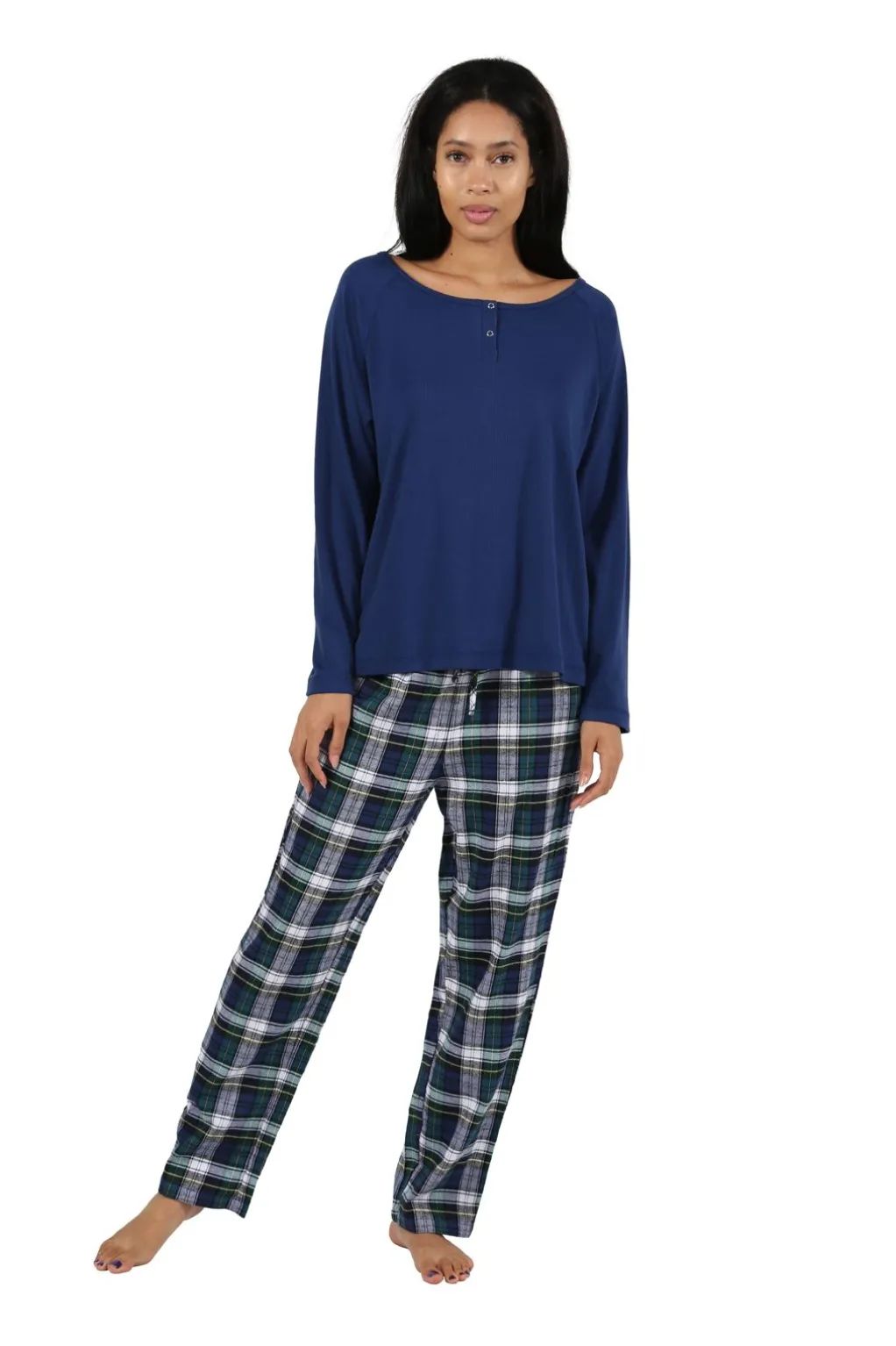 La Cera™ Cotton Knit Top With Flannel Pajama Set