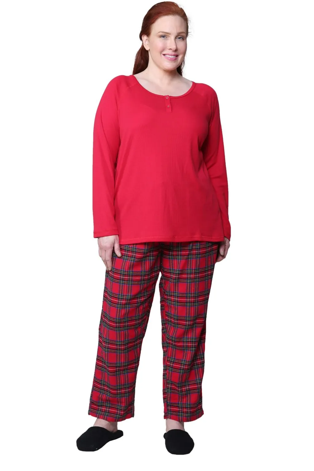 La Cera™ Cotton Knit Top With Flannel Pajama Set