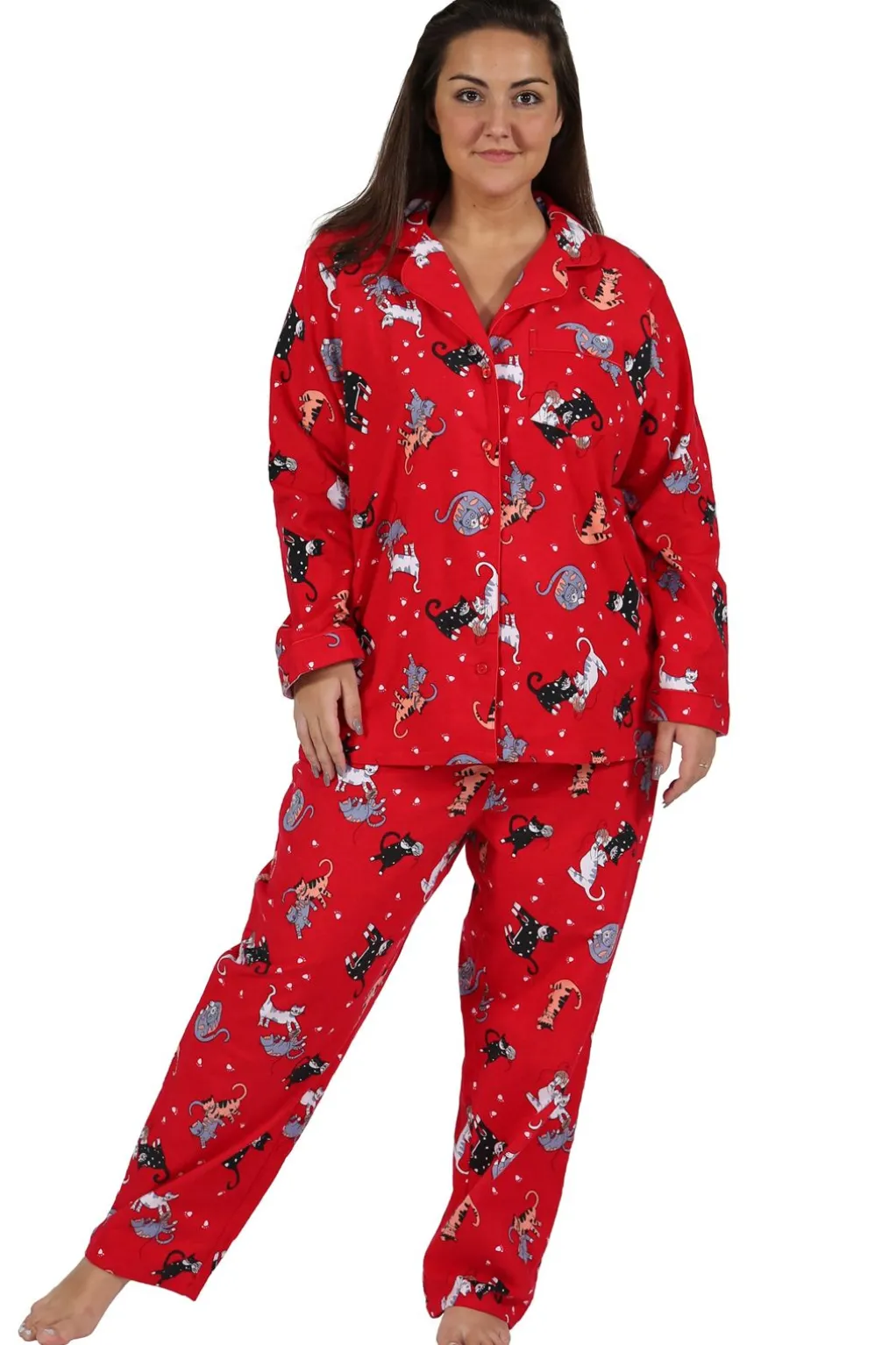 La Cera™ Flannel Cat Print Plus Size Pajama Set