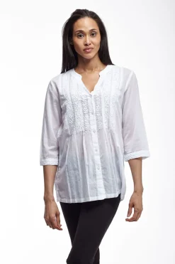 La Cera™ La Cera 100% Cotton Button Front Embroidered Top