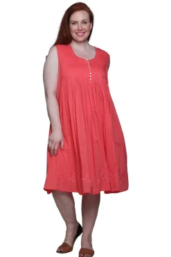 La Cera™ La Cera 100% Cotton Sleeveless Dress With Hem Embroidery - Plus Size