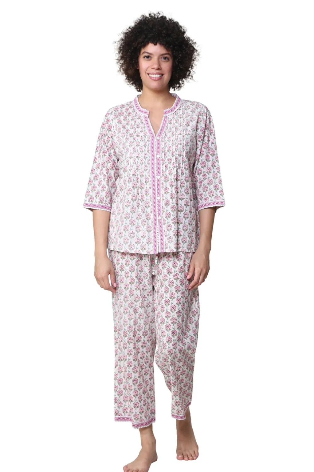 La Cera™ La Cera 3/4 Sleeve Pleat Front Capri Pajama Set