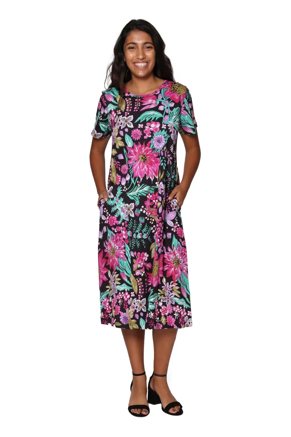 La Cera™ La Cera Black And Fuchsia A-Line Knit Dress