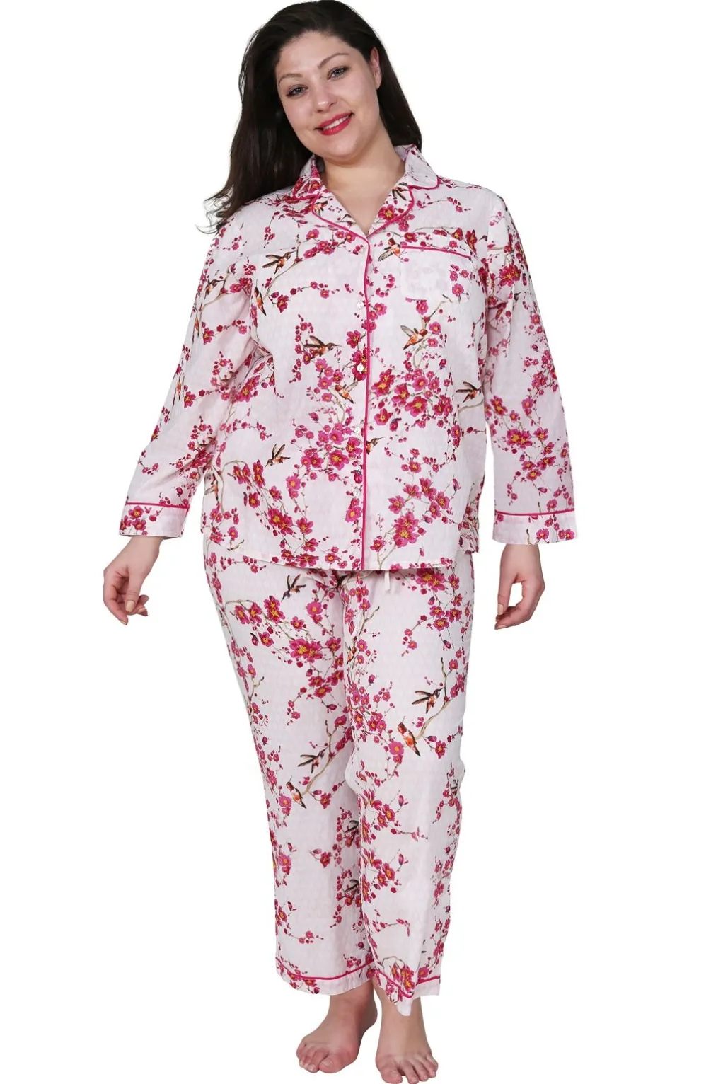 La Cera™ La Cera Cherry Blossom 3/4 Sleeve Cotton Pajama Set - Plus Size