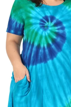 La Cera™ La Cera Cotton Knit Short Sleeve Turquoise Tie-Dye Dress