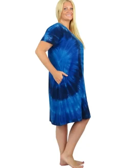 La Cera™ La Cera Cotton Knit Short Sleeve Denim Blue Tie-Dye Dress - Plus Size