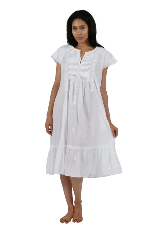 La Cera™ La Cera Double Cap Short Sleeve Cotton Embroidered Gown