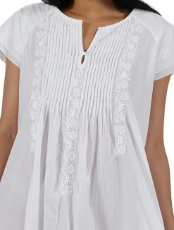 La Cera™ La Cera Double Cap Short Sleeve Cotton Embroidered Gown
