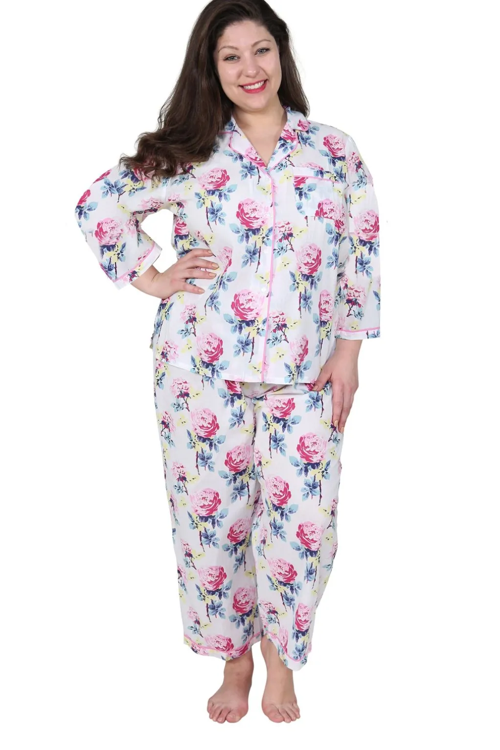 La Cera™ La Cera Floral 3/4 Sleeve Cotton Pajama Set - Plus Size