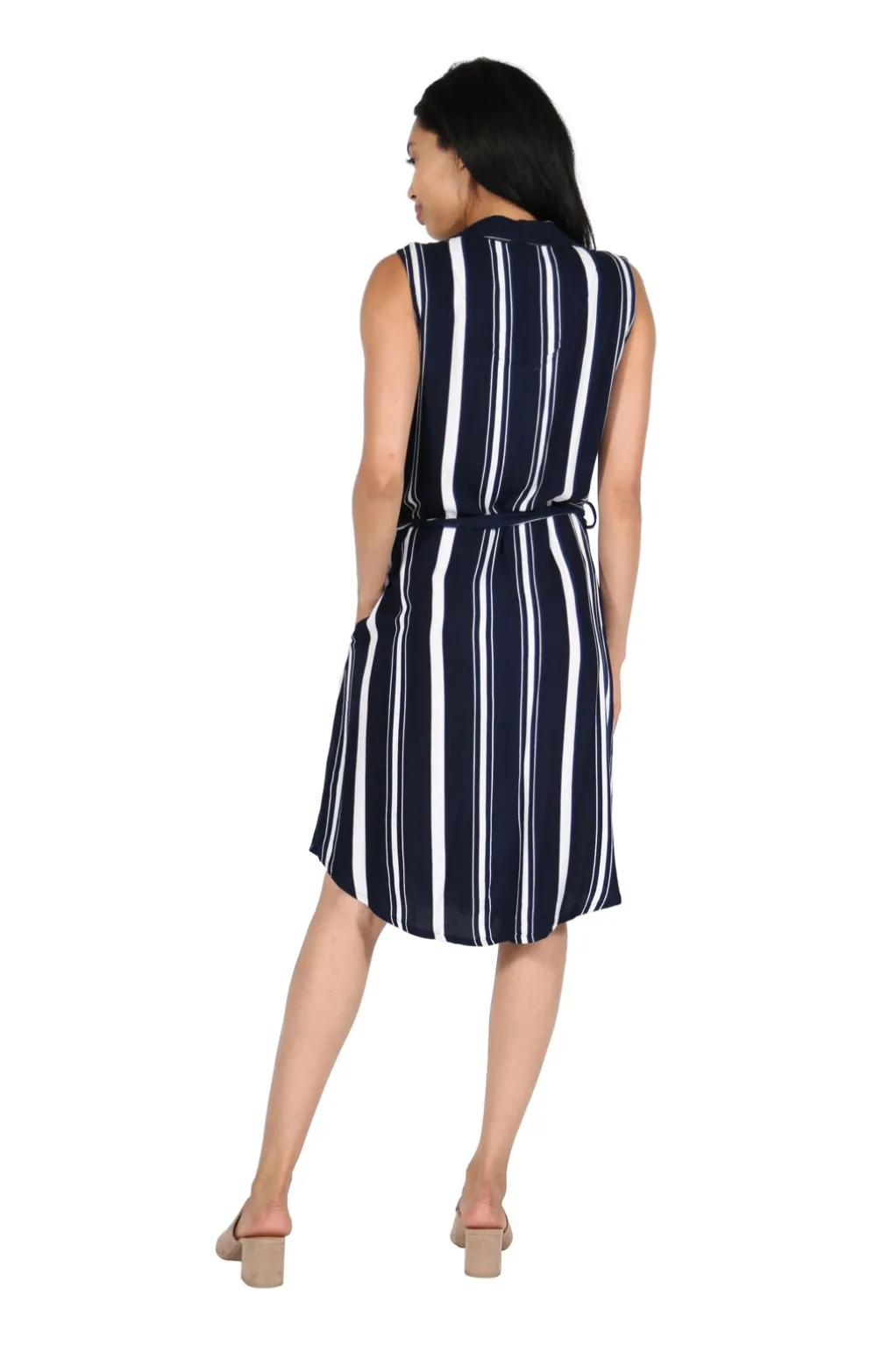 La Cera™ La Cera Navy Stripe Belted Rayon Dress