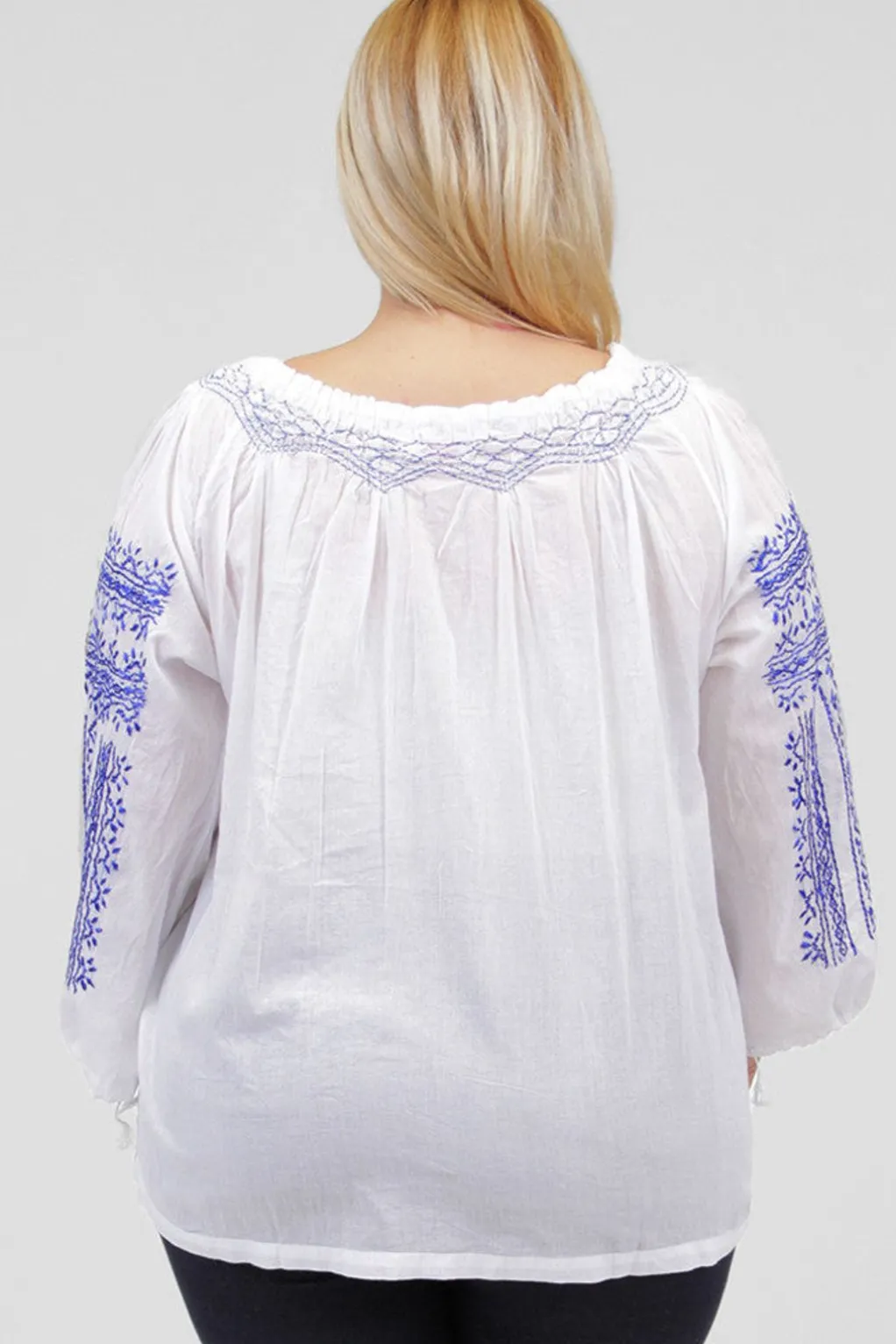 La Cera™ La Cera Plus Size 3/4 Sleeve Stripe Embroidered Peasant Top