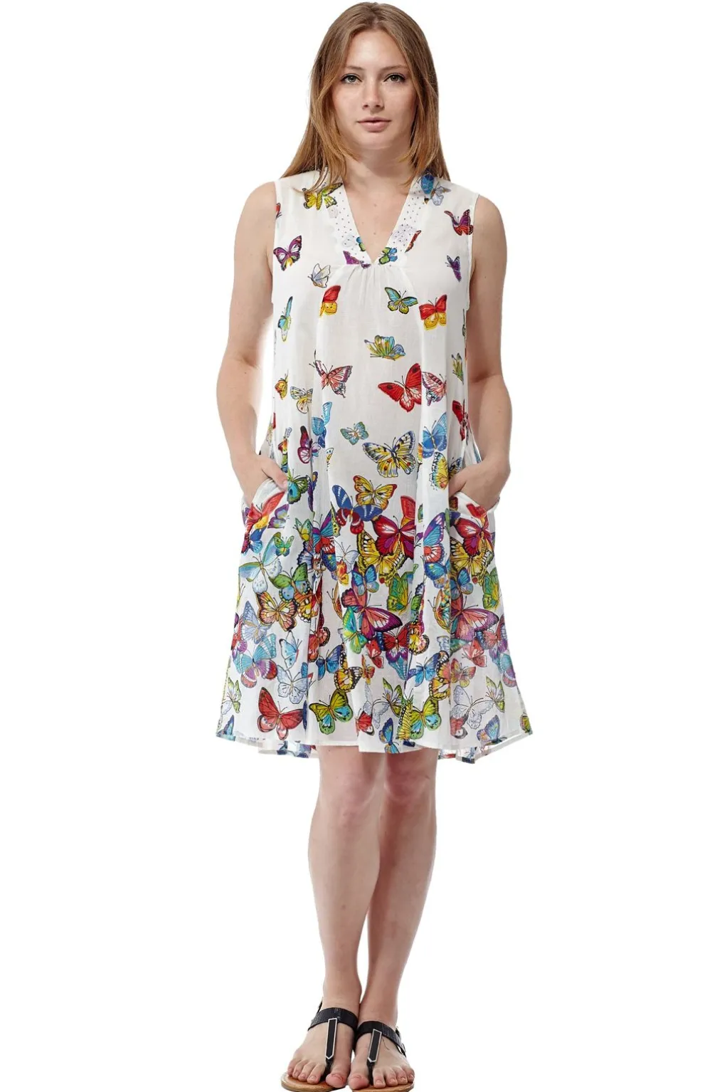La Cera™ La Cera Sleeveless Butterfly Printed Dress