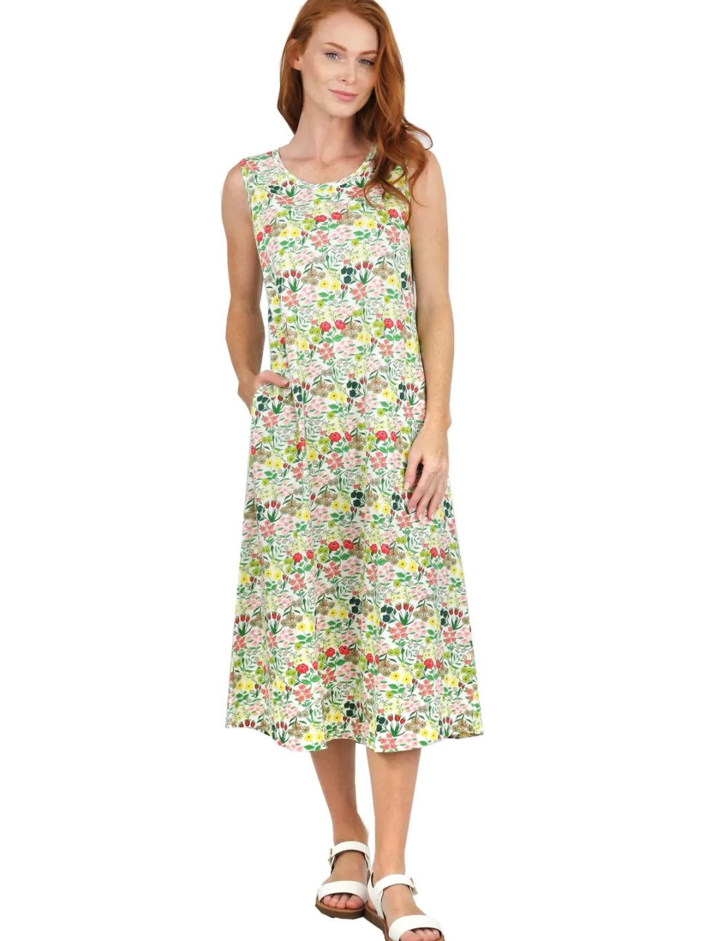 La Cera™ La Cera Sleeveless Printed A-Line Cotton Jersey Knit Dress