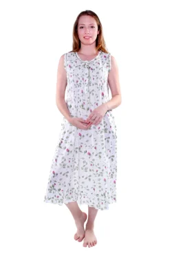 La Cera™ La Cera Sleeveless Rose Vine 100% Cotton Gown