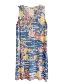 La Cera™ La Cera Sleeveless V-Neck Artistic Floral Dress