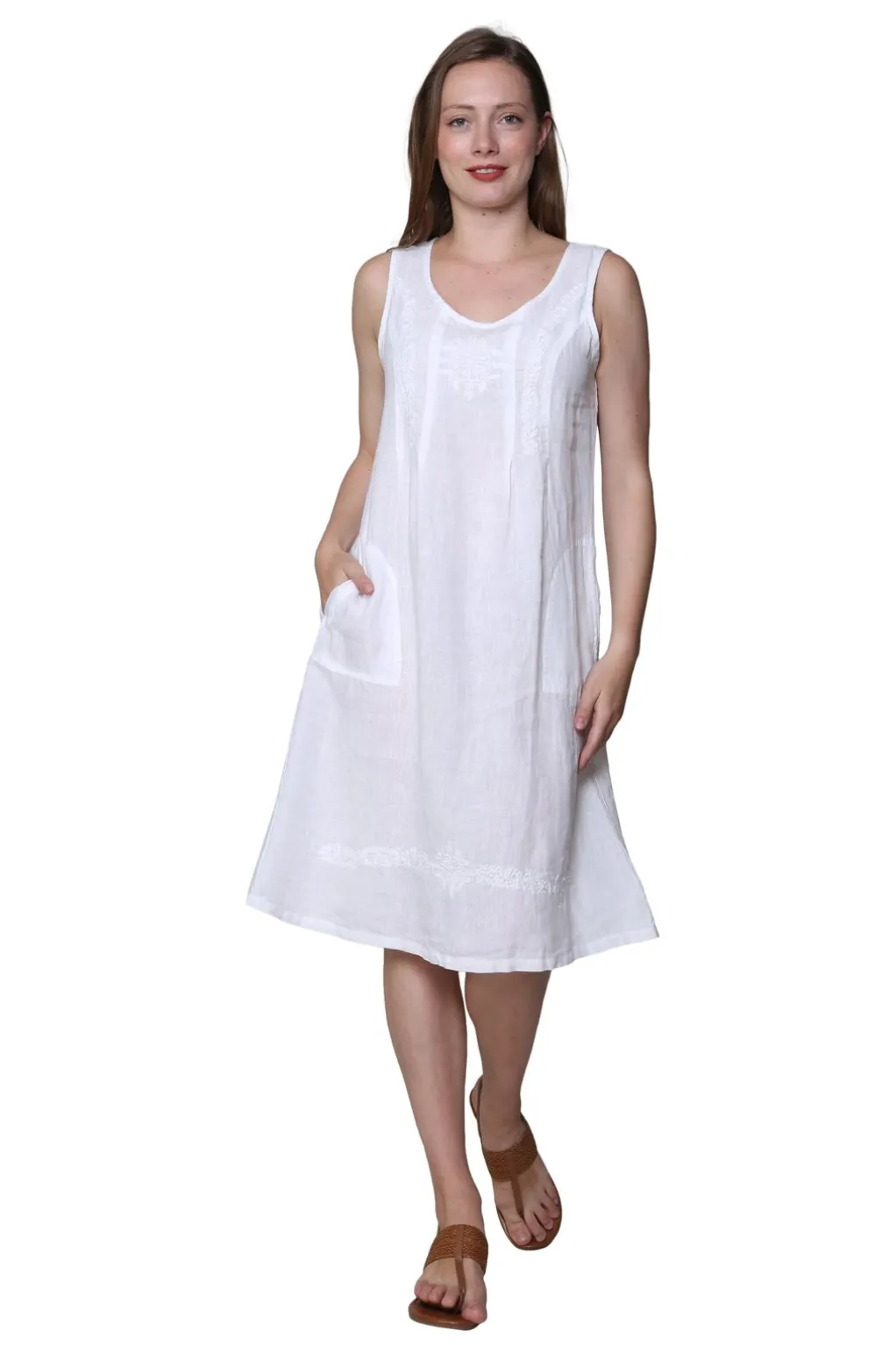 La Cera™ Linen Sleeveless Embroidered Dress