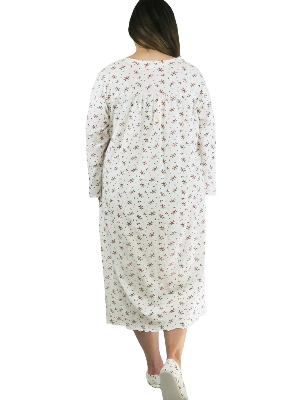 La Cera™ Long Sleeve Cotton Knit Mistletoe Nightgown