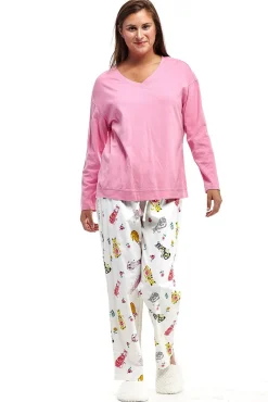 La Cera™ Pink Flannel Cat Print Pajama Set