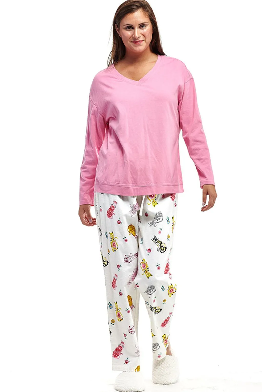 La Cera™ Pink Flannel Cat Print Pajama Set