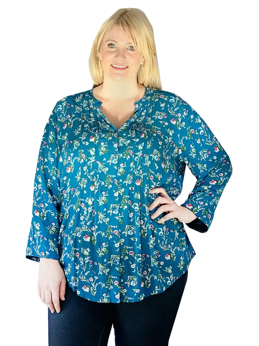 La Cera™ Pleat Front Printed Rayon Top - Plus Size