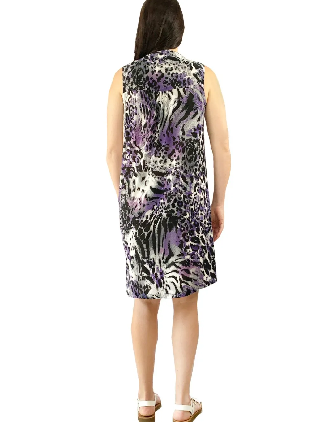 La Cera™ Pleat Front Sleeveless Purple Cheetah Print Dress