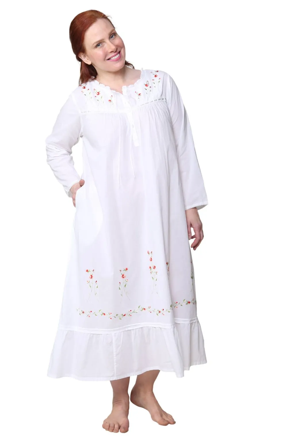La Cera™ Plus Size 100% Cotton Embroidered Long Sleeve Gown