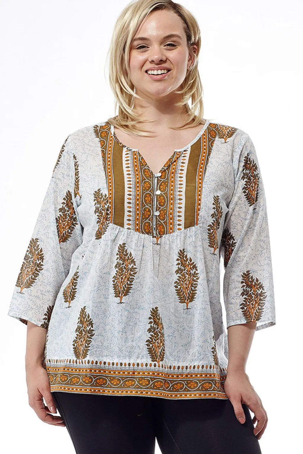 La Cera™ Plus Size Block Print Cotton Tunic Top