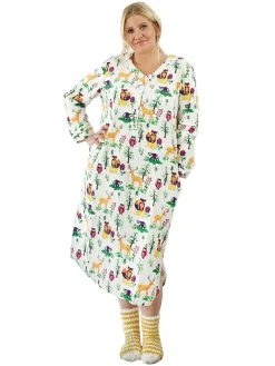 La Cera™ Plus Size Forest Animals Flannel Henley Night Shirt