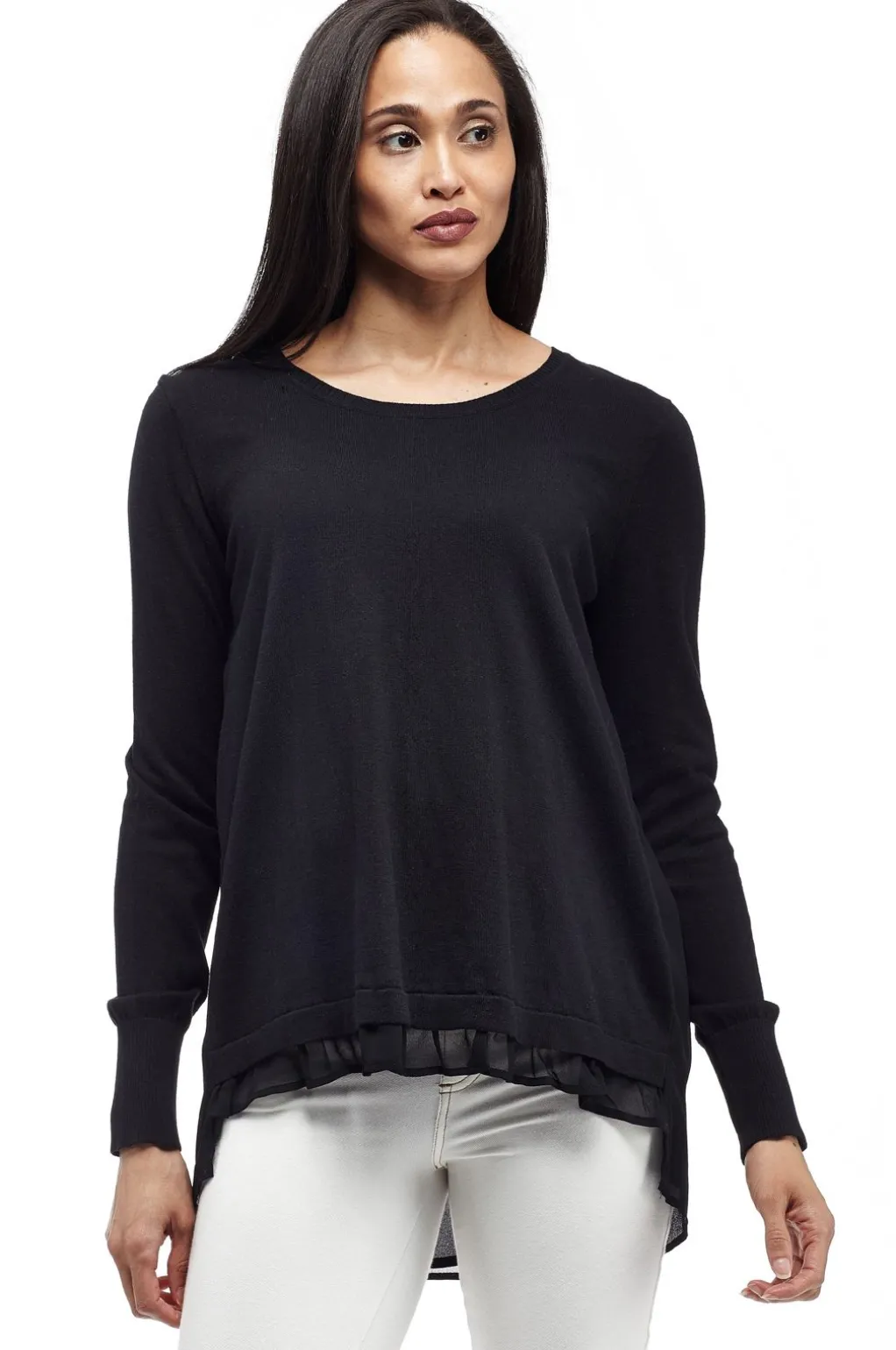 La Cera™ Plus Size La Cera Rounded Neck Sweater Top With Georgette Back