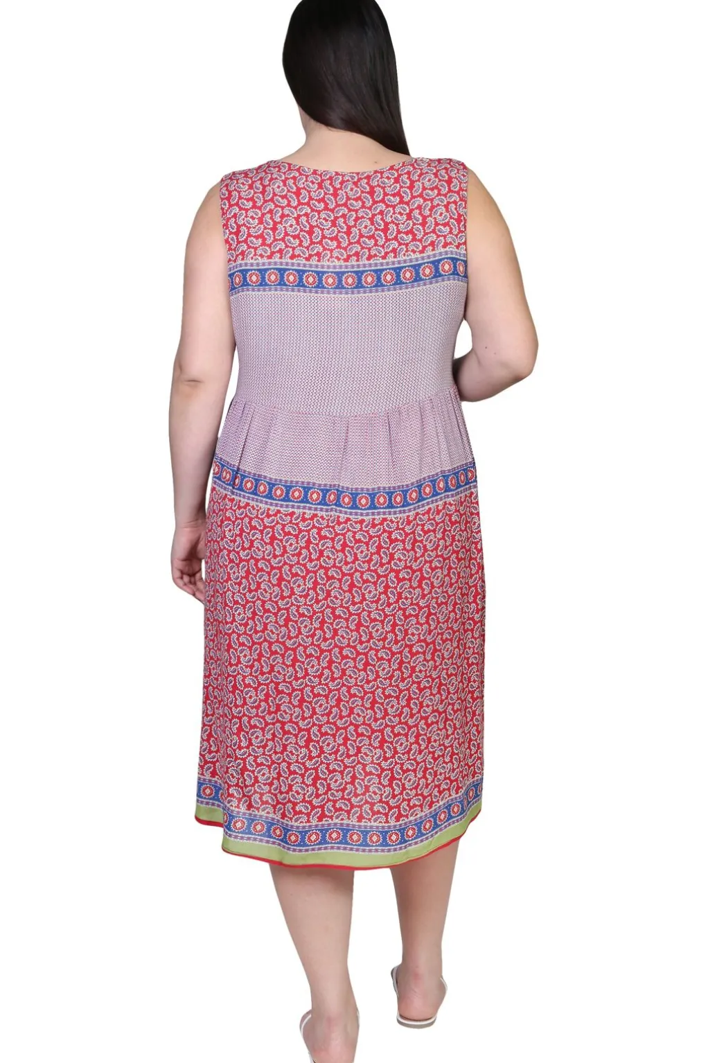 La Cera™ Plus Size V-Neckline Empire Waist Border Print Dress