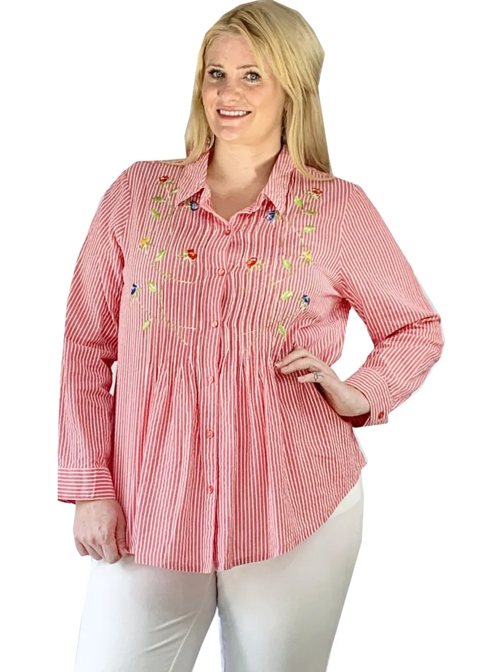 La Cera™ Seersucker Embroide Button Front Shirt - Plus Size