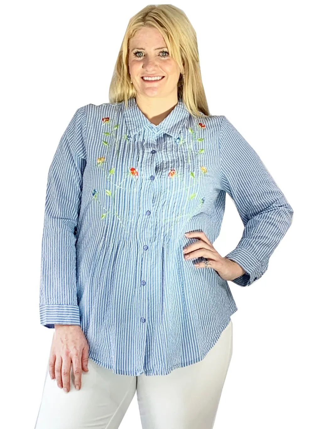 La Cera™ Seersucker Embroide Button Front Shirt - Plus Size