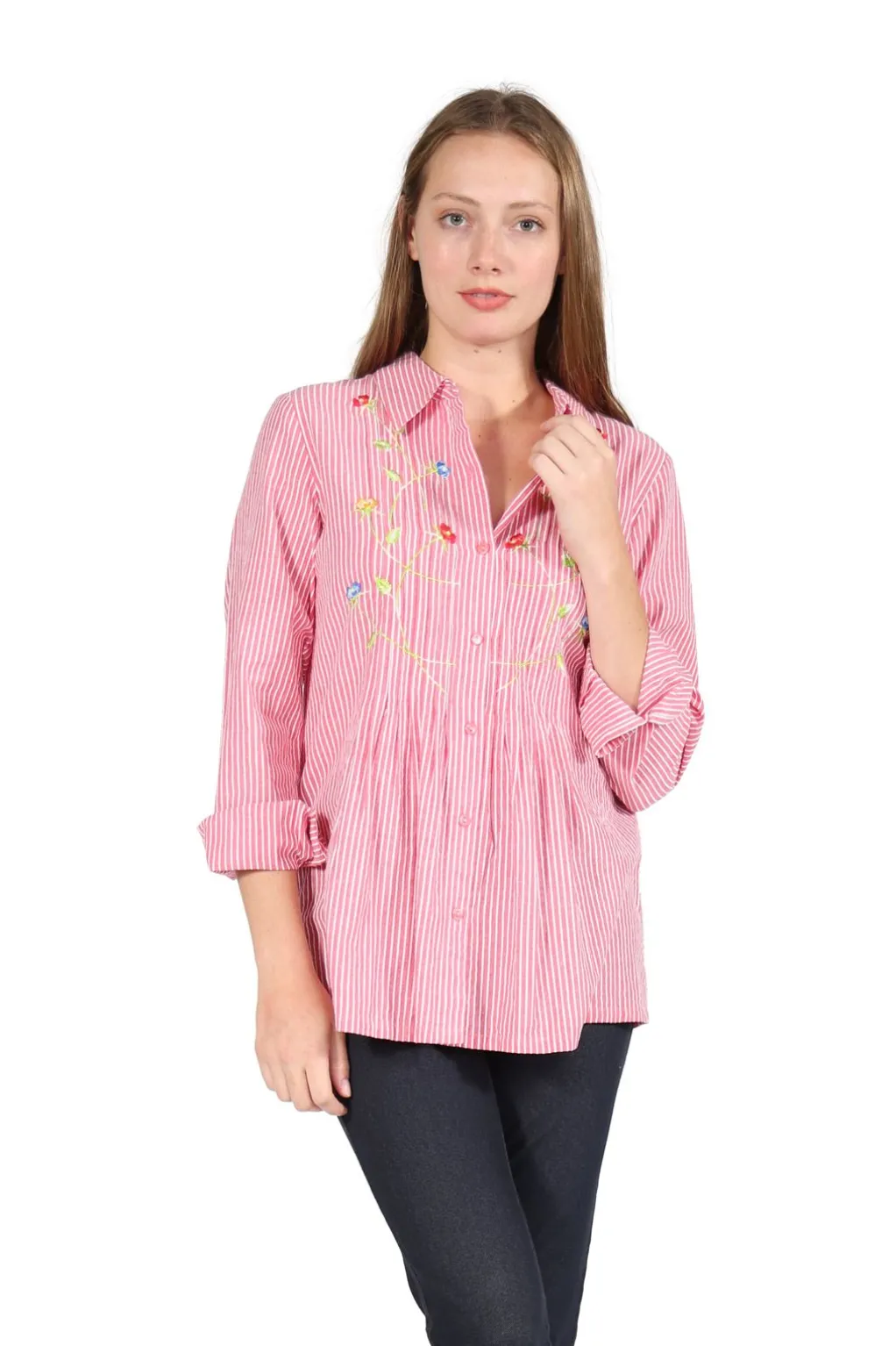 La Cera™ Seersucker Embroide Button Front Shirt