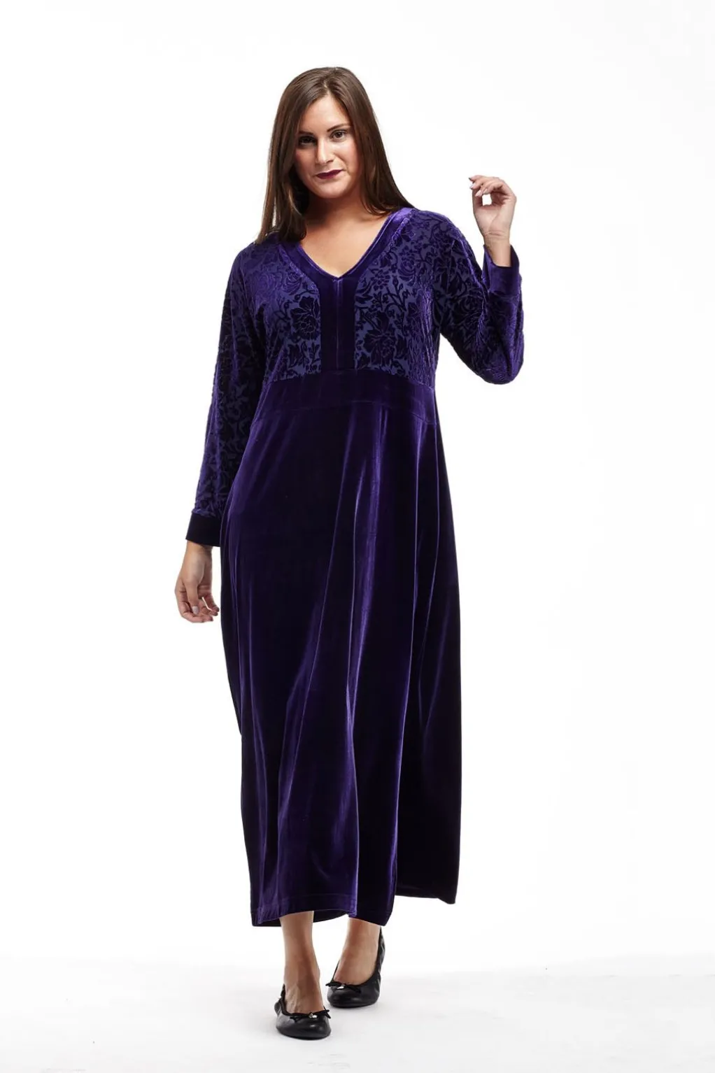 La Cera™ Velour Burnout Jacquard Trimmed Dress